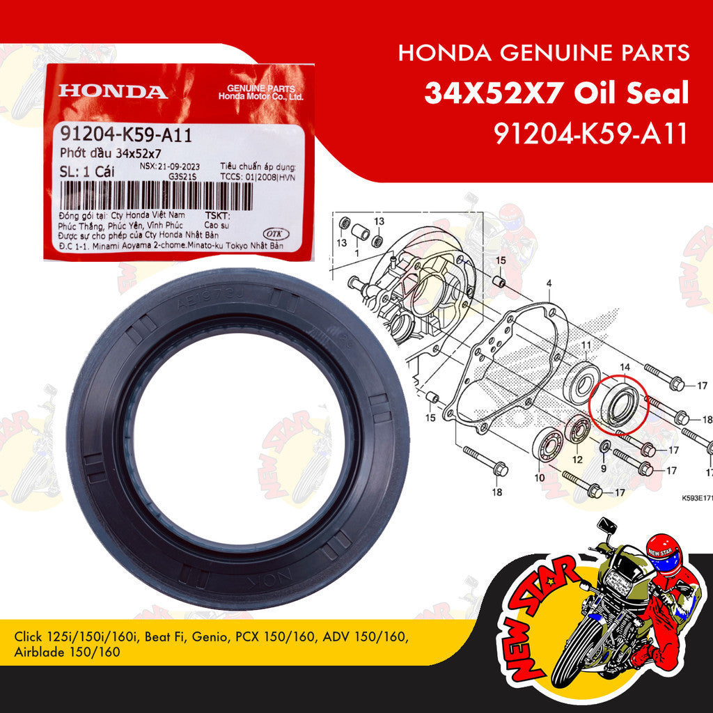 91204-K59-A11 | 34X52X7 Oil Seal | Genuine Honda parts | Click 125i/150i Beat Fi PCX 150/160