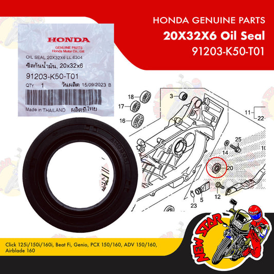 91203-K50-T01 | 20X32X6 Oil Seal | Genuine Honda parts | Click 125i/150i Beat Fi PCX 150/160