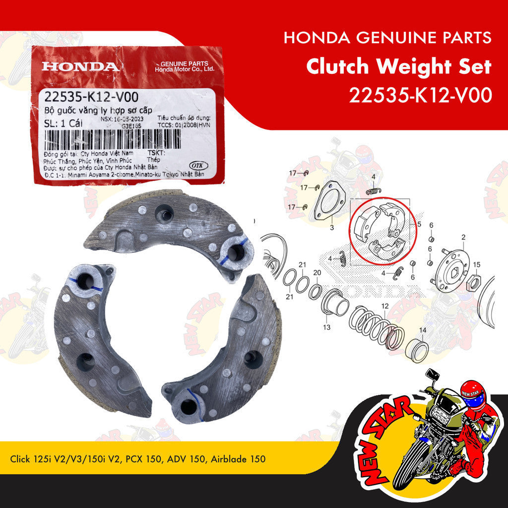 22535-K12-V00 | Clutch Weight Set | Genuine Honda parts | Click 125i v2/v3/150i v2 PCX 150 ADV 150