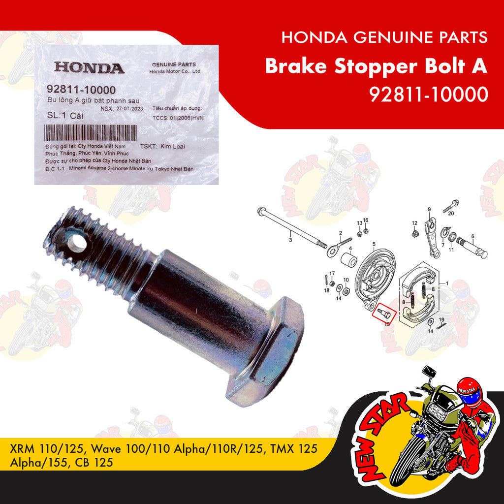92811-10000 | Brake Stopper Bolt A | Genuine Honda parts | XRM 110/125 Wave 100/110 Alpha/110R/125