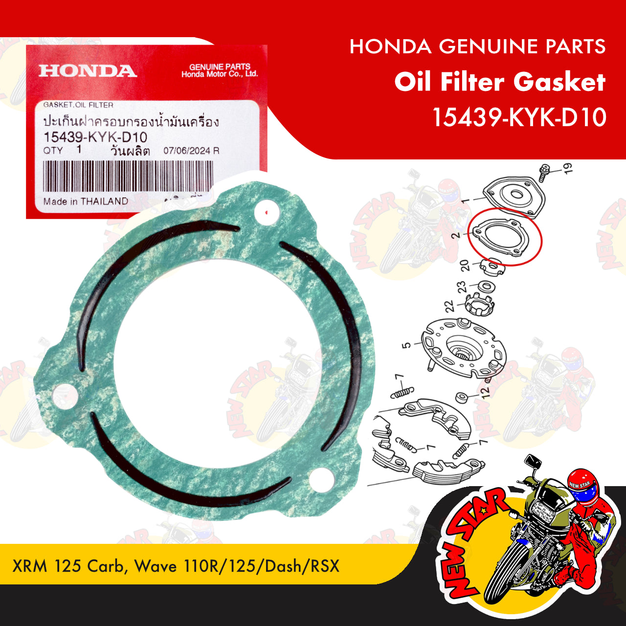 15439-KYK-D10 | Oil Filter Gasket | Genuine Honda parts | XRM 125 Carb Wave 110R/125/Dash/RSX