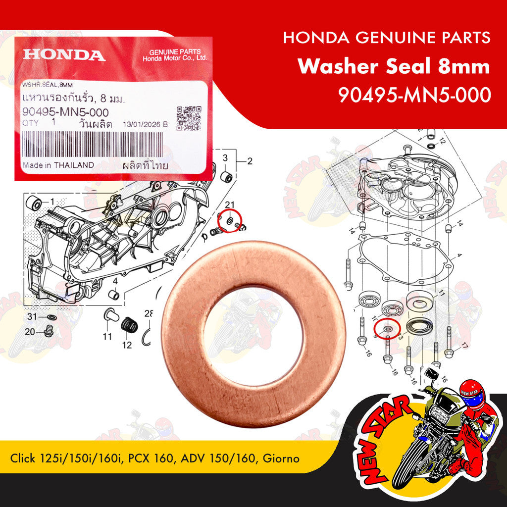 90495-MN5-000 | Washer Seal 8mm | Genuine Honda parts | Click 125i/150i/160i PCX 160 ADV 150/160