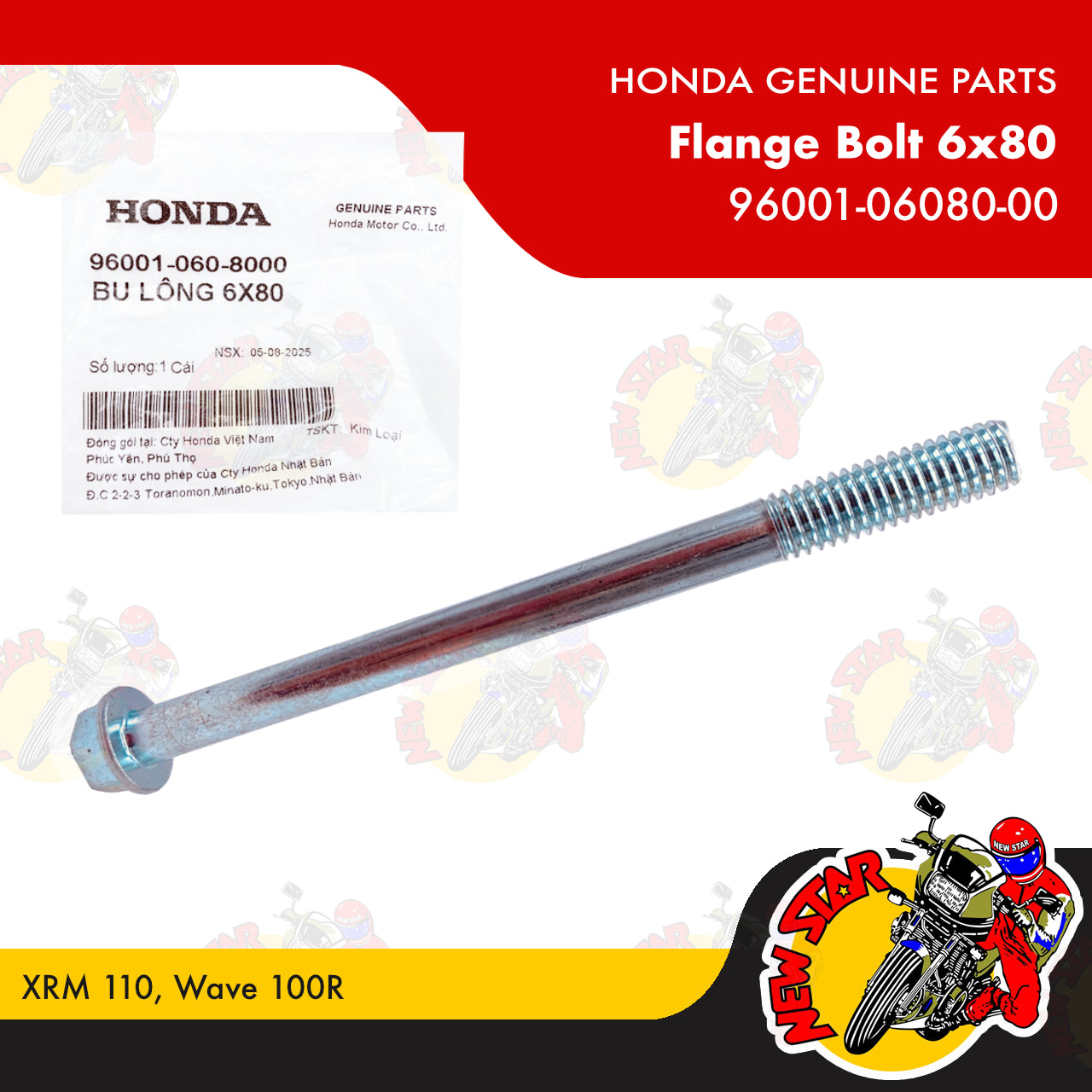 96001-06080-00 | Flange Bolt 6x80 | Genuine Honda parts | XRM 110 Wave 100R