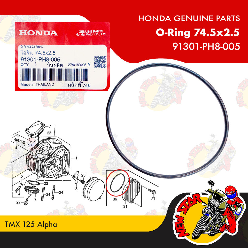 91301-PH8-005 | O-Ring 74.5x2.5 | Genuine Honda parts | TMX 125 Alpha