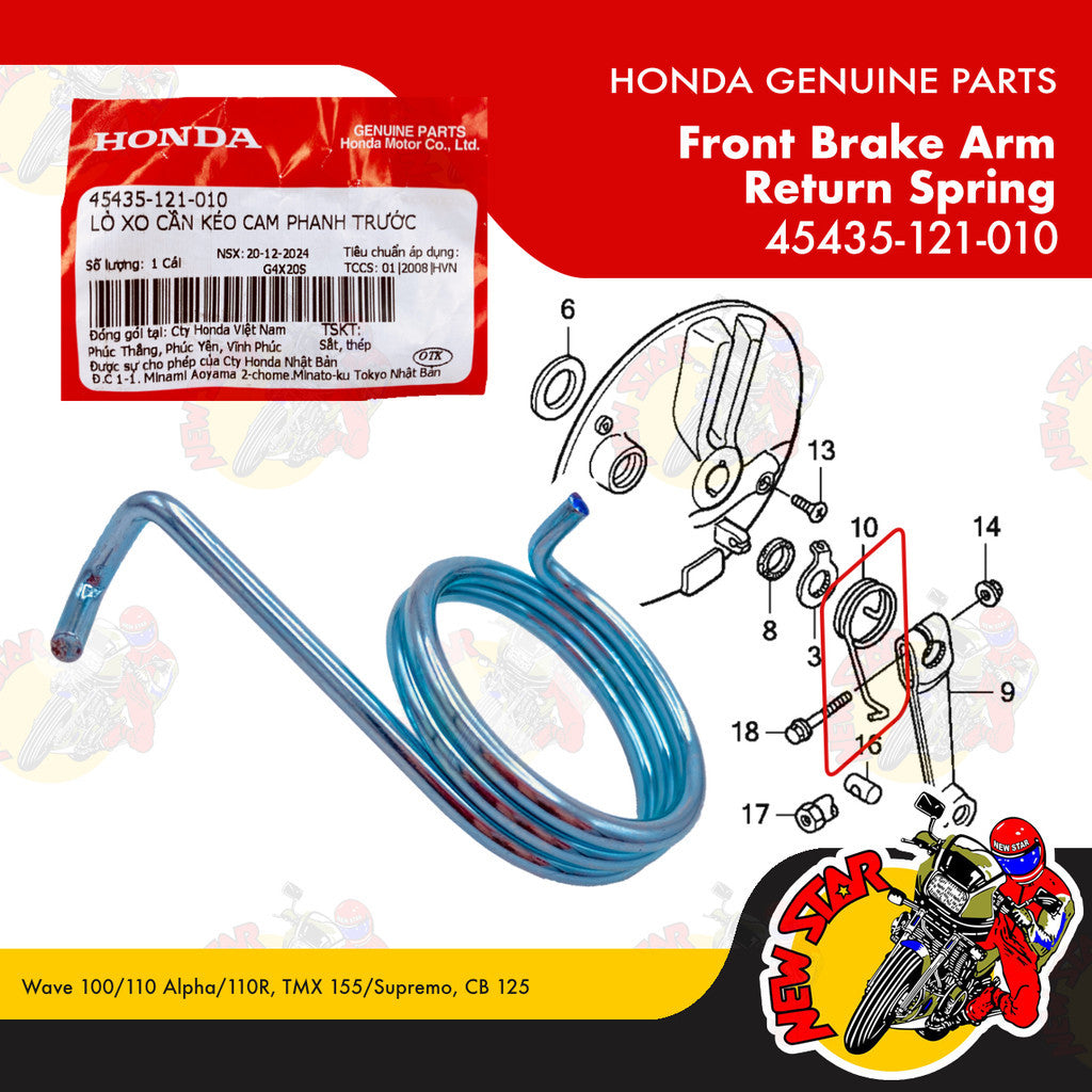 45435-121-010 | Front Brake Arm Return Spring | Genuine Honda parts | Wave 100/110 Alpha/110R