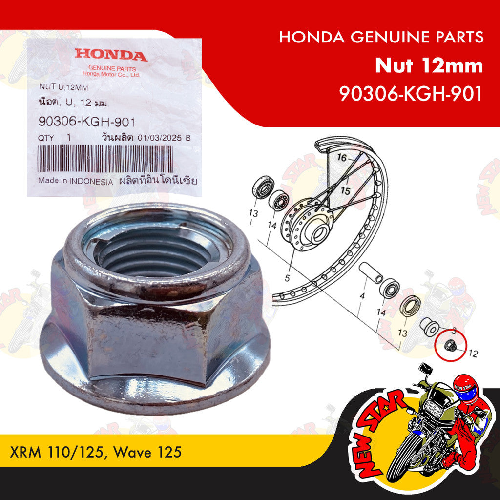 90306-KGH-901 | Nut 12mm | Genuine Honda parts | XRM 110/125 Wave 125
