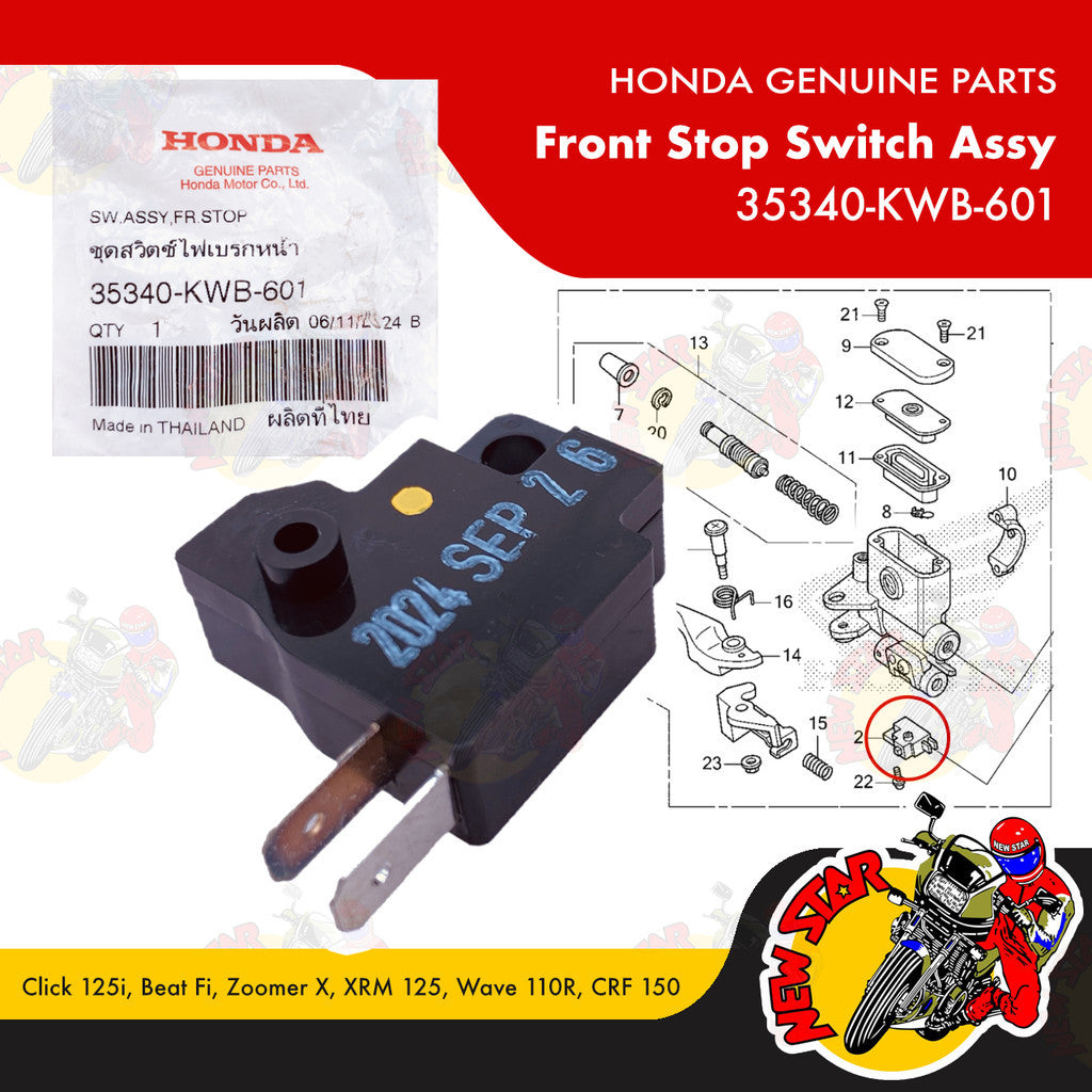 35340-KWB-601 | Front Stop Switch Assy | Genuine Honda parts | Click 125i Beat Fi Zoomer X XRM 125