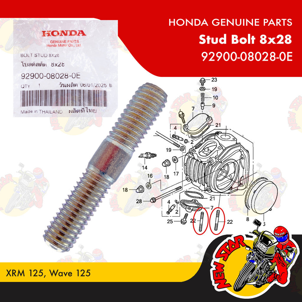 92900-08028-0E | Stud Bolt 8x28 | Genuine Honda parts | XRM 125 Wave 125