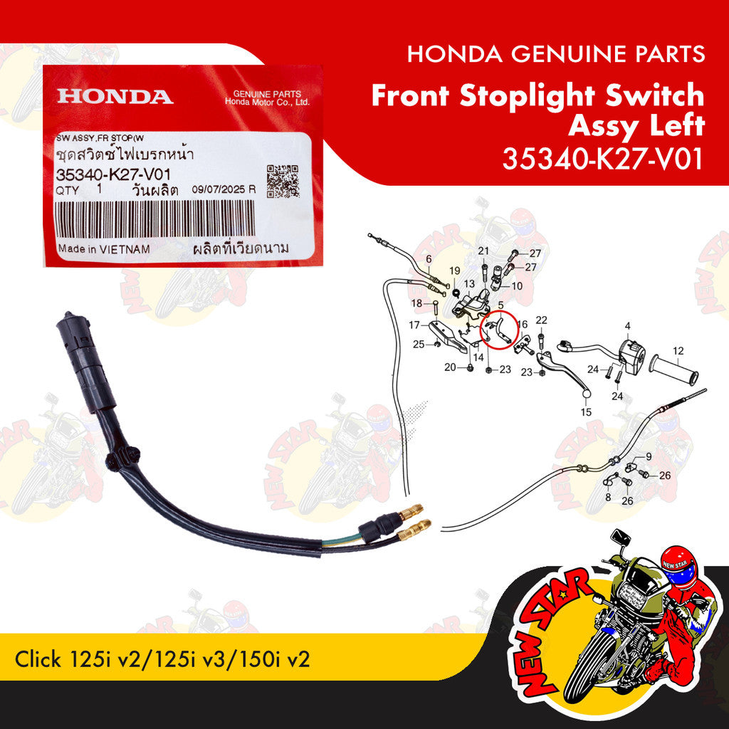 35340-K27-V01 | Front Stoplight Switch Assy Left | Genuine Honda parts | Click 125i v2/125i v3